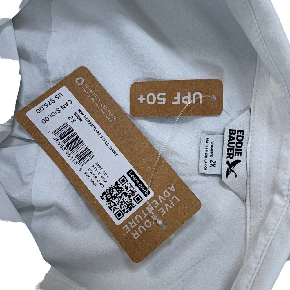 Eddie Bauer Departure 3.0 LS Shirt Snow White UPF 50+ Plus Size‎ 2X 5132